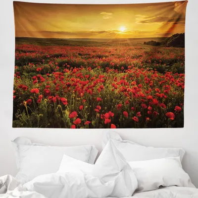 Produktbild von ABAKUHAUS Mohn Wandteppich, Sunset Meadow Ackerland aus Weiches Mikrofaser Stoff Waschbar ohne Verblassen Digitaldruck, 150 x 110 cm, Ringelblume Scharlachrot