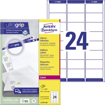 Image de Avery Zweckform L7159-100 Étiquettes d'adresse, A4 avec ultragrip, 63,5 x 33,9 mm, 100 feuilles/2.400 étiquettes, blanc