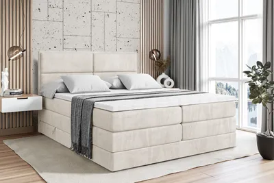 Produktbild von ALTDECOR Boxspringbett mit 2 Matratzen und Topper - 180x200 cm - AURA KING - Creme Samt - Polsterbett mit, H3- und H4- Matratzen, Bettkasten und Lattenrost, Bett mit Stauraum