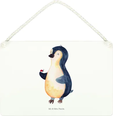 Produktbild von Mr. & Mrs. Panda Schild Pinguin Marienkäfer DIN A4 - Weiß - Geschenk, holzbild, Wandbild Holz, Glück, Pinguine, Kleine Wunder, Lebensfreude, Türschild, Wandschild