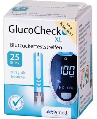 Obrázok produktu pre GlucoCheck XL testovacie prúžky na meranie glukózy v krvi, 25 testovacích prúžkov
