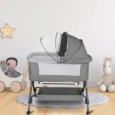 Produktbild von Beistellbett höhenverstellbar Babybett mit Rollen Moskitonetz 104x52x80-92cm grau