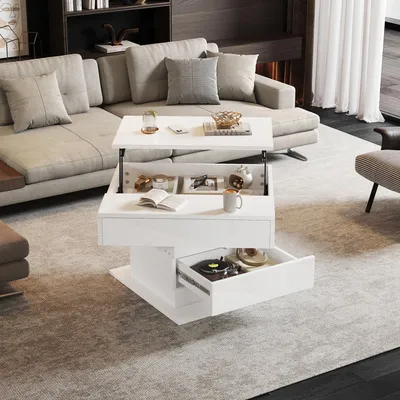 Immagine prodotto di Tavolino geometrico bianco, girevole a 360°, con piano sollevabile e 1 cassetto