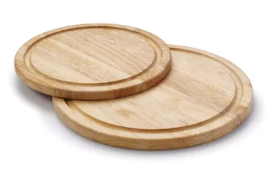 Two round wooden cutting boards stacked on a white background.