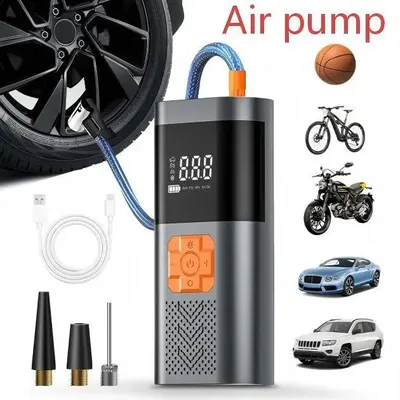 Obrázek produktu pro Přenosná hustilka pneumatik – 12V vzduchová pumpa – 150 PSI – digitální displej – LED a SOS – powerbanka – pro auta, motocykly a kola