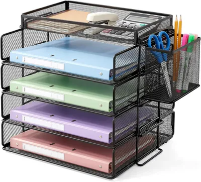 Produktbild von Briefablage A4, stapelbar, 4 Fächer, Stiftehalter, Metall, schwarz, für Büro