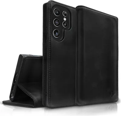 A black leather flip case for a Samsung Galaxy S23 Ultra phone is shown against a white background. The case is partially open, revealing the phone's camera array and the inside of the case.