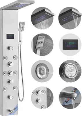 A collage of images showcasing a modern stainless steel shower panel system with various features.