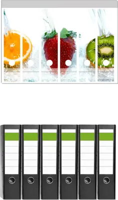 Produktbild von Wallario 6 Stück breite Ordner inkl. Klebeetiketten mit Motive Frische Früchte übergossen mit Wasser -  Set mit Rückenschildern / Ordnerrücken Stickern