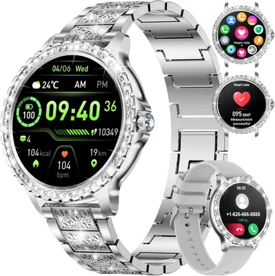 LIGE Smartwatch Damen Bluetooth Anrufe 1,32" HD Touch Screen Diamant Edelstahl Silikon Herzfrequenz Schlaf Monitor Schrittzähler 100+ Sport Modi
