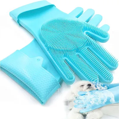 Produktbild von Pflegehandschuhe für Haustiere aus Silikon, Blau, 34x12 cm