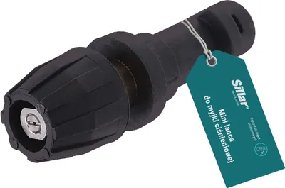 A black pressure washer lance nozzle with a teal tag attached.