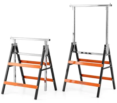 Productafbeelding van COSTWAY Telescoop werkbank, set van 2, hoogte verstelbaar van 80-130 cm, ondersteuningsframe geschikt voor een belasting tot 200 kg, metalen steigerframe, opklapbaar, oranje