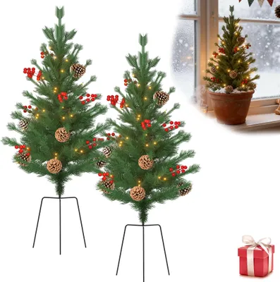 Productafbeelding van UISEBRT, 2 stuks kerstboom van 76 cm met voet, compact, kunststof kerstboom van PE met 30 warmwitte LED-lampjes, dennenappels en rode bessen voor Kerstmis