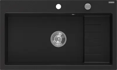 A top-down view of a black kitchen sink with a drain and faucet holes.