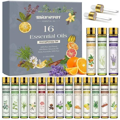 Zdjęcie produktu dla Zestaw olejków eterycznych, 16 x 10 ml, czyste, naturalne, idealne do dyfuzorów, aromaterapii, pomysł na prezent