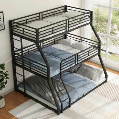 Produktbild von MODFU Patrová postel Dětská postel 90x200cm & 120x200cm & 140x200cm pro tři děti, Patrová postel s ochranou proti pádu, Kovová postel Mládežnická postel, Černá