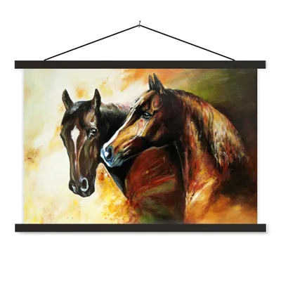 Produktbild von MuchoWow® Textilposter Malerei - Pferde - Tiere - Ölgemälde 60x40 cm mit schwarzem Rahmen - Hölzernes