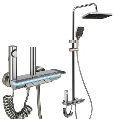 Duschsystem mit Thermostat, Regendusche, LED-Display, 4 Strahlarten, Aluminium