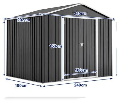 Imagen del producto de Almacén para jardín, con puertas seguras con cerradura, fabricado en metal resistente a la intemperie, color , dimensiones: 260 x 202 x 191 cm