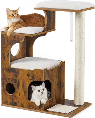 Immagine prodotto di Tiragraffi FEANDREA 86 cm, tiragraffi per gatti di medie dimensioni con 3 aree di riposo e grotta, tiragraffi in MDF con impiallacciatura in legno, tronco in sisal,