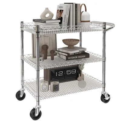 A chrome wire shelving cart with various decorative items and books on its shelves.