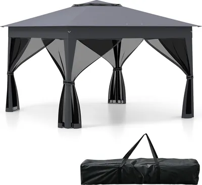 A gray pop-up gazebo with black mesh curtains is shown on a white background, with a black carrying bag placed below it.