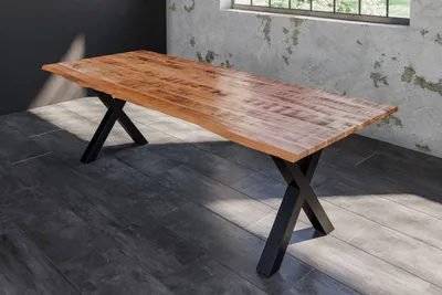 Produktbild von Baumkantentisch Esstisch Mangoholz massiv X-Gestell schwarz 180 x 90 cm DORA