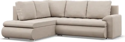 A beige sectional sofa with a chaise lounge is shown against a white background.
