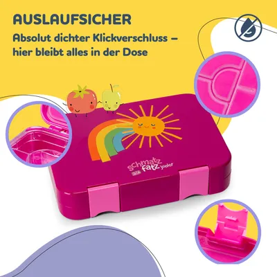 A pink lunchbox with cartoon characters and a sun graphic, shown with close-up details of its features and text highlighting its leak-proof design.