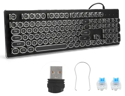 Produktbild von Mechanische Retro-Gaming-Tastatur mit Tastenklick und 104 Tasten, gemischtes, leichtes, ergonomisches Design, Schwarz