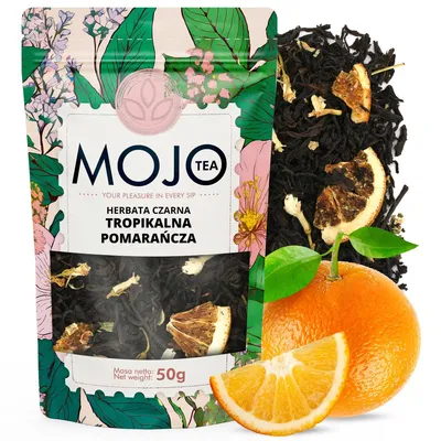 Zdjęcie produktu dla Herbata Czarna Mojo Tea Tropikalna Pomarańcza 50 g - Aromatyzowana czarna herbata sypana ze skórką pomarańczy, egzotycznymi owocami i jaśminem