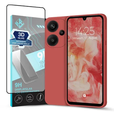 Produktbild von Hülle für Xiaomi Redmi Note 13 Pro+ 5G mit 9H Displayglas Displayschutz Case Cover Bumper Smartphone Softgrip Schutzhülle Farbe: Rot