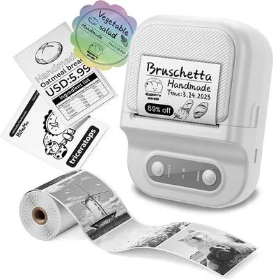 Immagine prodotto di ZELURXX Mini stampante termica Bluetooth portatile senza fili stampante per etichette adesive stampante per codici a barre 203DPI 12-58mm compatibile con iOS Android Bianco
