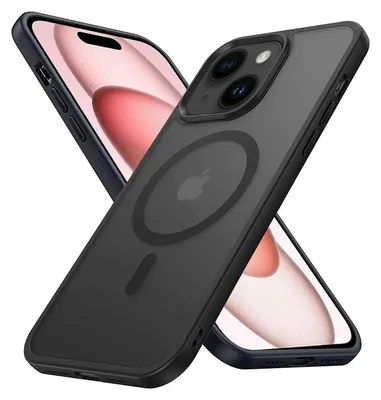 A black iPhone case with a MagSafe ring is shown diagonally against a pink background.