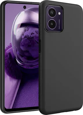 A black silicone phone case is shown on a black background, partially obscuring a smartphone with a purple screen.