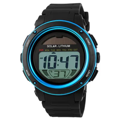 A digital sports watch with a black band and a blue bezel, displayed against a white background.