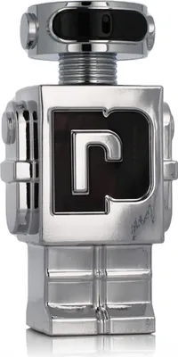 A silver robot-shaped perfume bottle is shown against a white background.