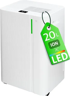 Image de Déshumidificateur d'air ION pour la maison, anti-moisissures, capacité de 20 litres par 24 heures, purification par ionisation, réservoir de 4,5 litres, minuterie, redémarrage automatique, adapté aux pièces jusqu'à 45 m²