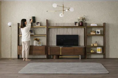 Zdjęcie produktu dla Szafka pod telewizor – nowoczesny styl, brązowa rama drewniana, minimalistyczny, design
