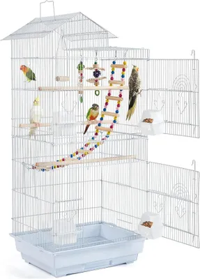 Productafbeelding van Vogelkooi, vogelvolière, parkiettenkooi, zwart, 46 x 35,5 x 99 cm, vogelhuis met speelgoed en klimmogelijkheden, wit