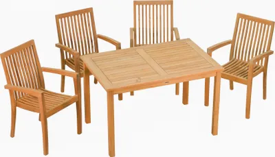 Produktbild von Teak Sitzgruppe aus 4 Stapelstühlen und 1 Tisch 120 x 80 cm Set aus Teakholz Gartenmöbel mit Gartenstühlen zum Stapeln