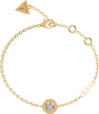 A gold-colored bracelet with a clear stone and brand logo.