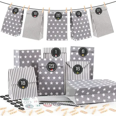 Image de Calendrier de l'Avent à remplir - 25 sachets en papier avec des autocollants numérotés - Kit de bricolage - Gris