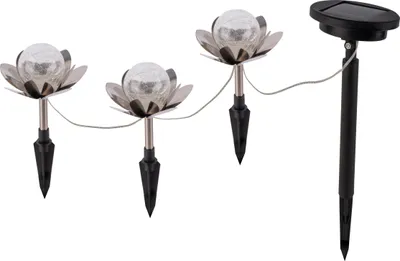 Produktbild von Näve Leuchten 3er-Set Solar-/Dekoerdspieß "LULE" 3er-Set Solar-/Dekoerdspieß "LULE" 3er-Set Solar-/Dekoerdspieß "LULE", Lampe für den Außenbereich im Romantik-Style, aus Metall, Glas und Kunststoff in silber, 20 cm hoch, Ø 10 cm, LED Platine – mit Schiebeschalter – Dämmerungssensor