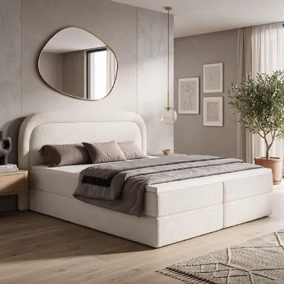 Produktbild von Boxspringbett BONITO 160x200 cm Komplett-Set mit Bettkasten, Bonell-Matratze H3 und Topper, Bouclé Creme