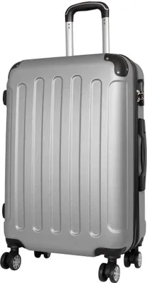 A silver suitcase with black accents and wheels, shown from a front-diagonal view.