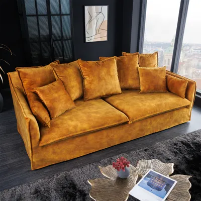 Produktbild von riess-ambiente Großes 3er Sofa HEAVEN 200cm senfgelb Samt Federkern waschbarer Bezug Hussensofa Couch Dreisitzer