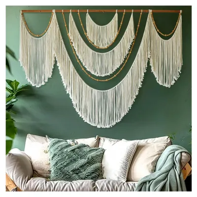 Produktbild von Großer Makramee-Wandbehang – Boho-Garngirlande mit Quasten und Perlen, handgefertigte Seildekoration für Kinderzimmer, Schlafzimmer, Kaminsims oder als Fotohintergrund, 145 cm breit x 104 cm lang