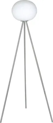 A floor lamp with a spherical shade and a tripod base.